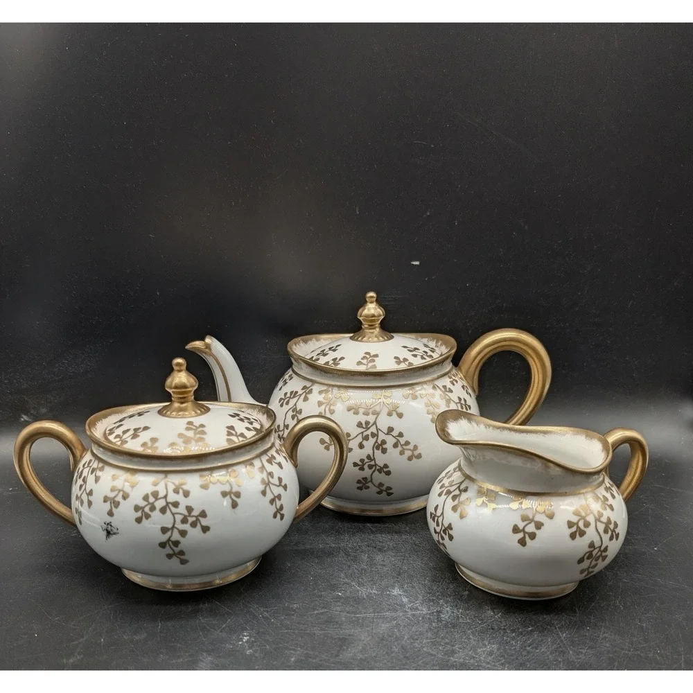 Antique Limoges Lycett France Gold Leaf Porcelain Teapot Sugar Creamer Set 3pc